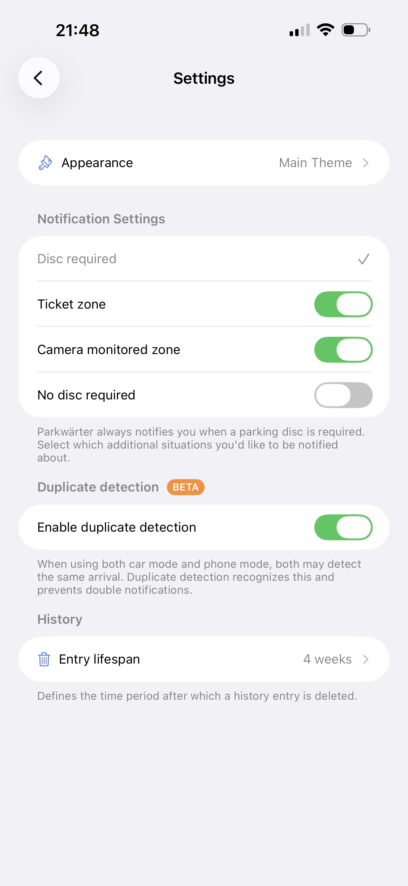Settings view of Parkwärter